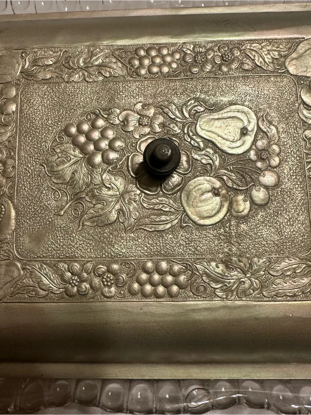 Vintage glass relish dish with with aluminum lid with fruit design